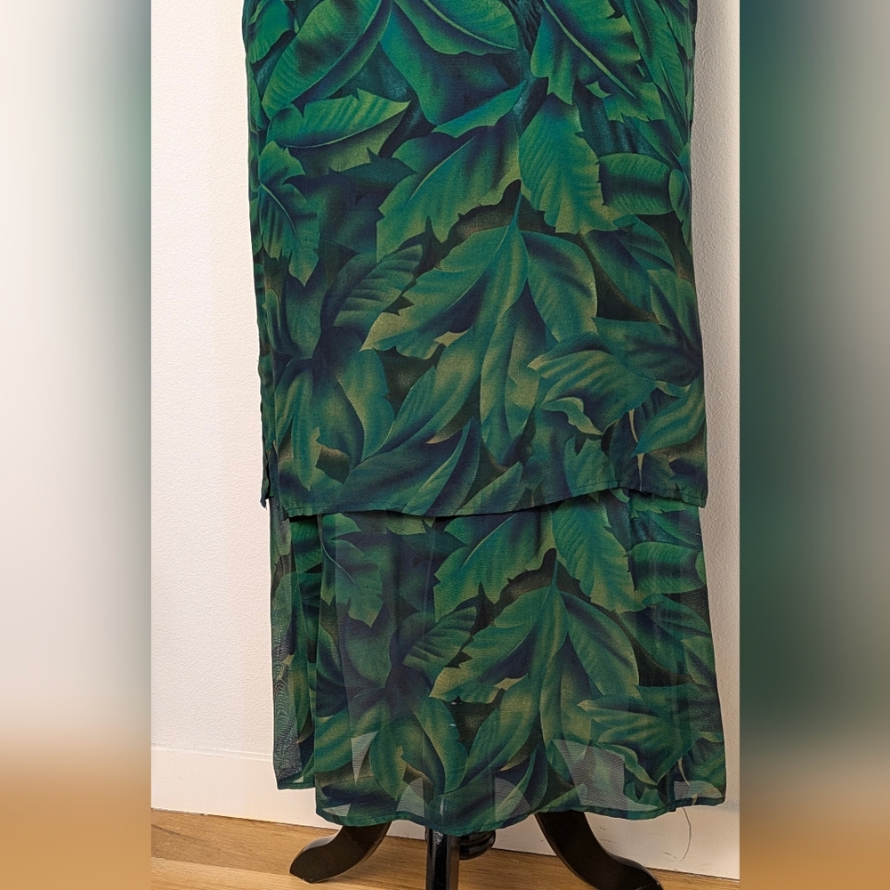 Cascais Vintage 90s Tropical Palm Print Layered Maxi Dress Teal Green Sz 8 Rayon - Picture 4 of 10